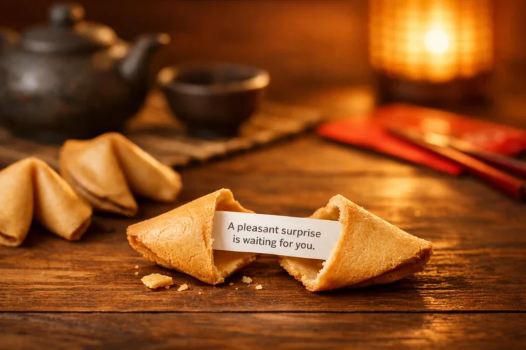 Broken fortune cookie with message on wooden table, tea set glowing softly behind warmly.