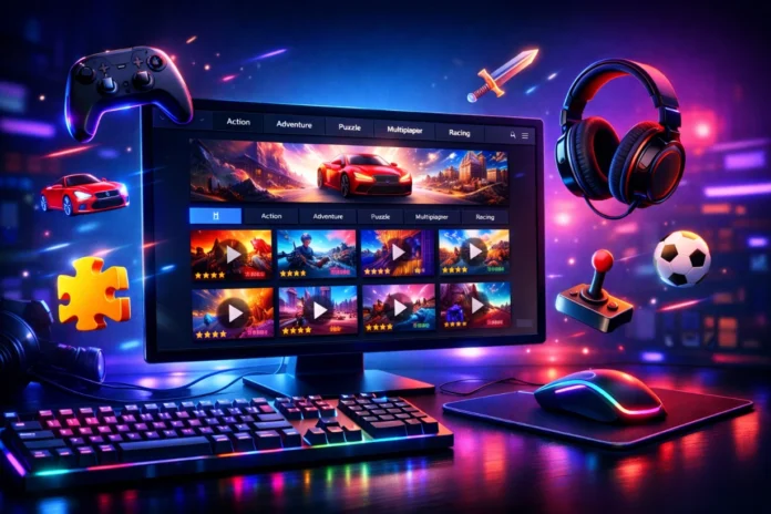 Neon gaming setup with monitor showing colorful game site interface and floating game accessories.