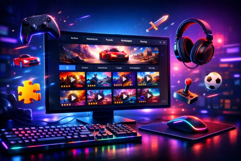 Neon gaming setup with monitor showing colorful game site interface and floating game accessories.