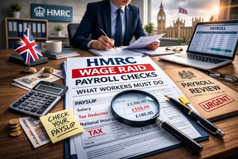 HMRC payroll review scene with payslips, tax forms, and officer checking documents in UK office.