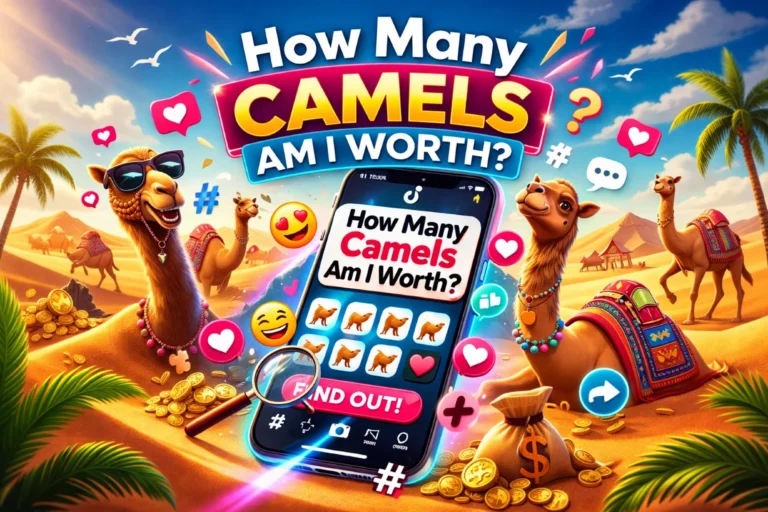 Colorful desert scene with camels and a smartphone showing a viral TikTok camel worth quiz.