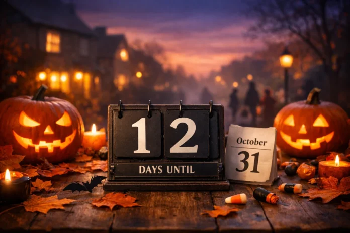 How Many Days Until Halloween UK Countdown Guide Halloween countdown calendar on rustic table with pumpkins at dusk in UK neighbourhood.