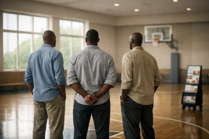 Three former basketball players stand on a quiet indoor court, reflecting together as sunlight fills the gym.