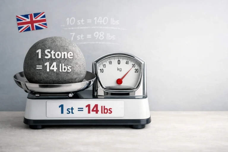 British stone weight on scale showing 1 stone equals 14 pounds with UK conversion formulas in background.