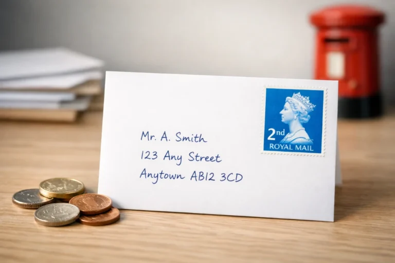 Royal Mail second class stamp on envelope with UK coins on desk in soft daylight.