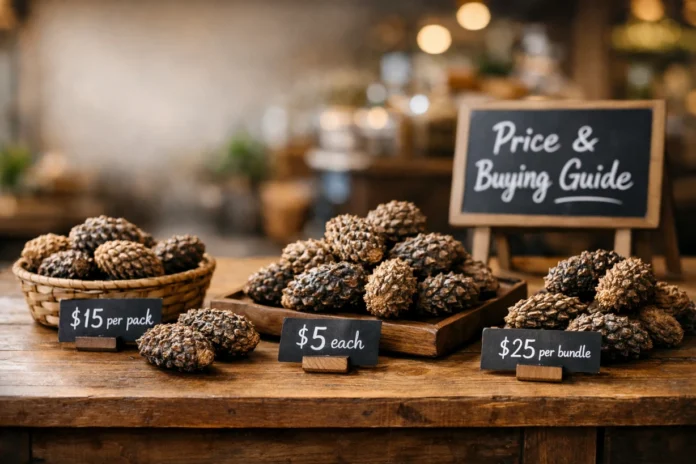 Qoghundos displayed on a wooden market table with price tags and buying guide sign in warm light.