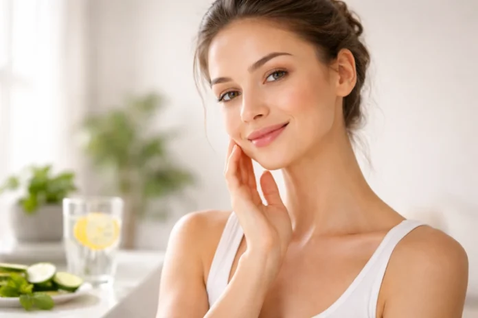 Young woman touching her jawline in soft daylight with lemon water and cucumbers nearby on tabletop.