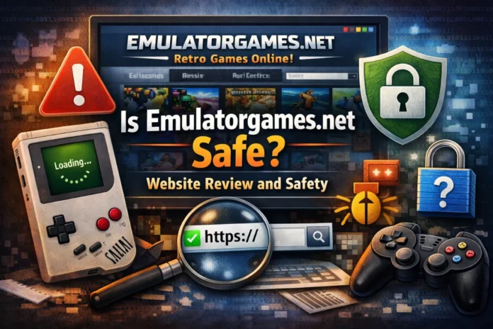 Retro gaming devices and controllers with security icons reviewing the safety of Emulatorgames.net website.