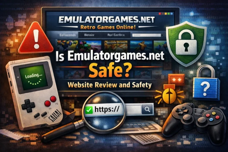 Retro gaming devices and controllers with security icons reviewing the safety of Emulatorgames.net website.