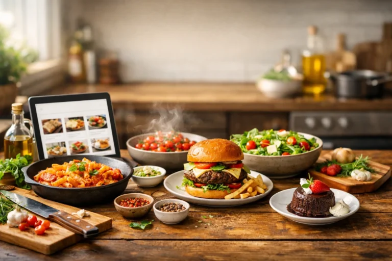Modern kitchen table with pasta, burger, salad, dessert and tablet showing food blog layout.