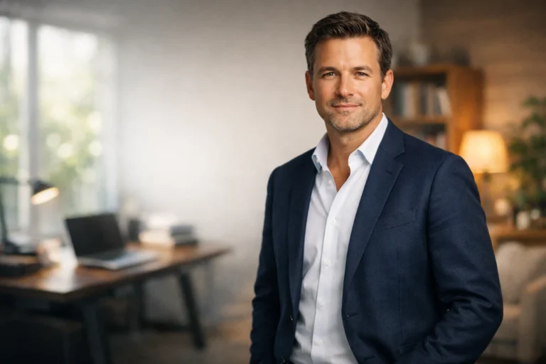 Confident businessman in modern office and cozy home setting, warm professional portrait style.