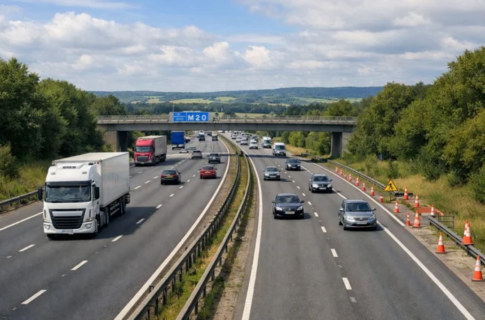 Busy traffic on the M20 in Kent with cars and lorries passing beneath a bridge on a clear summer day.