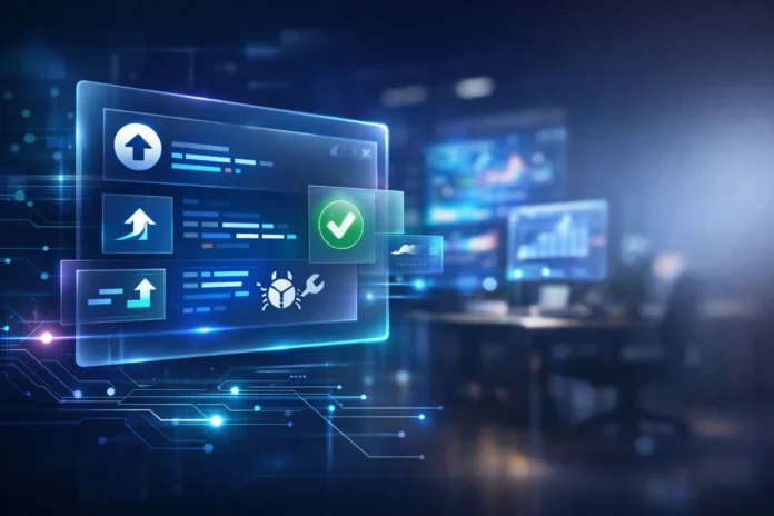 Modern software update interface with glowing UI panels, code elements, and a futuristic developer workspace background.