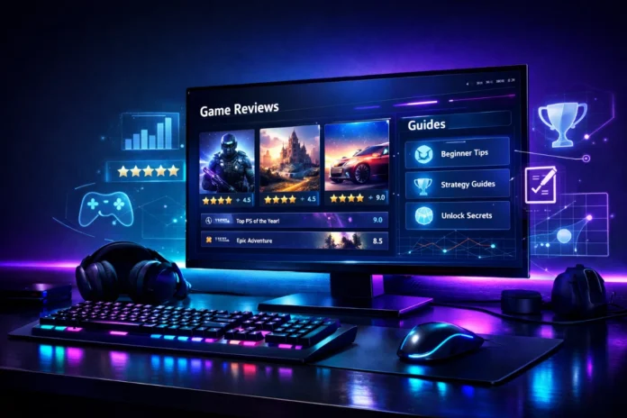 Nothing2hidenet Gaming Site Review and Guides Modern RGB gaming setup with review site on screen and glowing keyboard, mouse, headset.