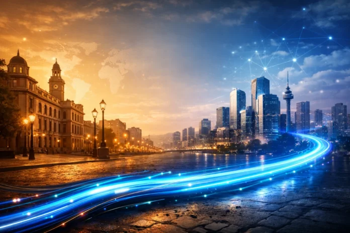 Historic city blending into modern skyline with glowing fiber optic light trail connection.