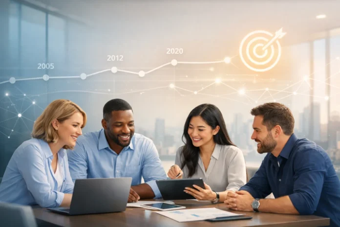 Diverse team collaborating in modern office with mission and growth visuals in background.