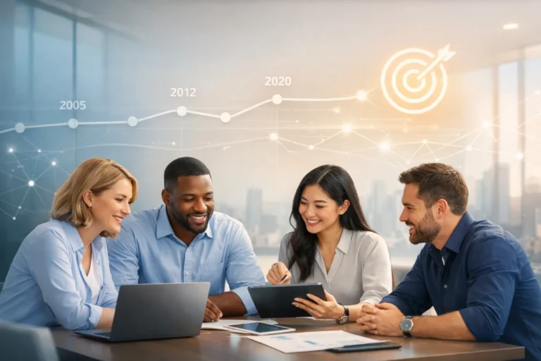 Diverse team collaborating in modern office with mission and growth visuals in background.