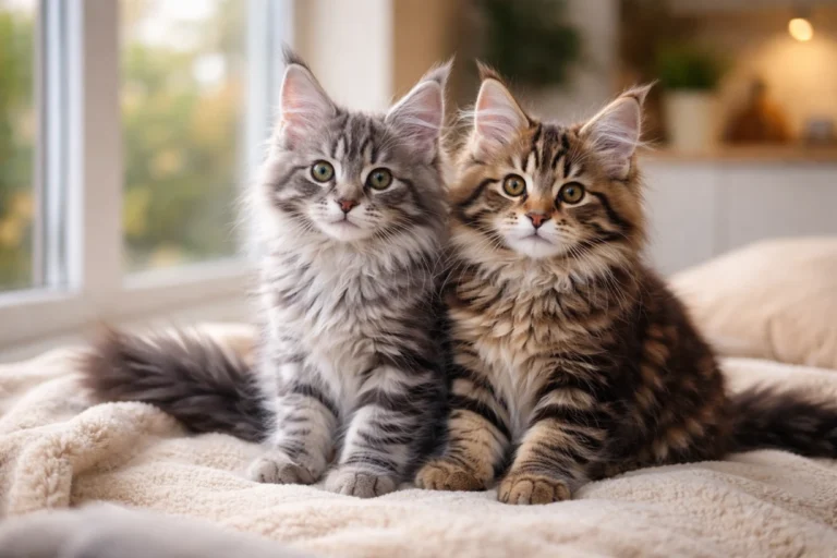 Two fluffy Maine Coon kittens sitting on a blanket in a bright, cozy UK home interior.