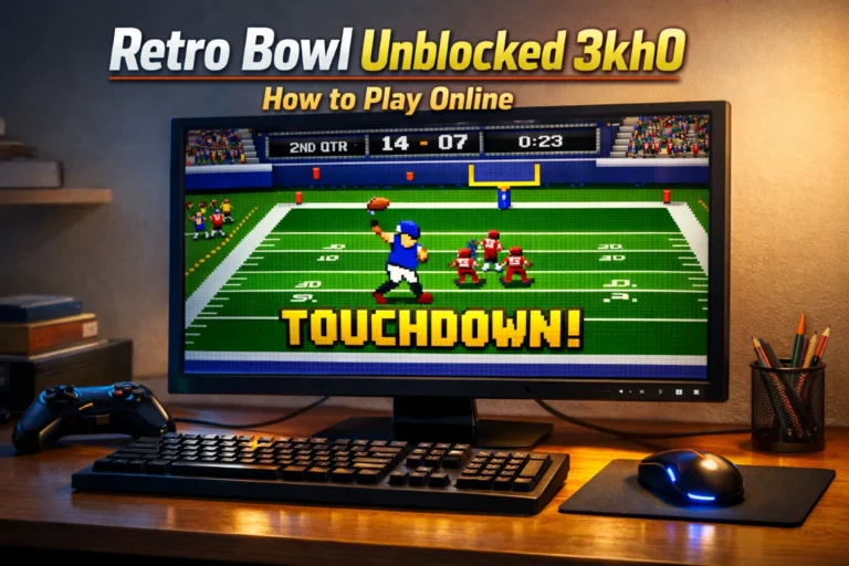 Retro pixel football game on desktop screen with bold article title and glowing gaming setup.