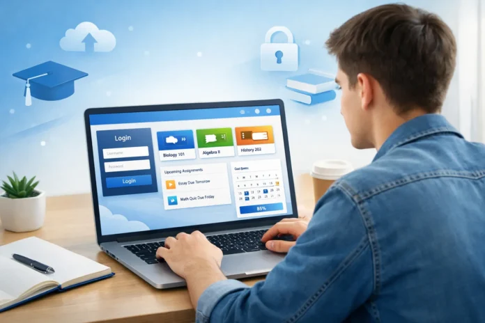 Schoology Alfa Student Login and Portal Guide Student logging into online school portal on laptop in bright modern study space with portal view UI.
