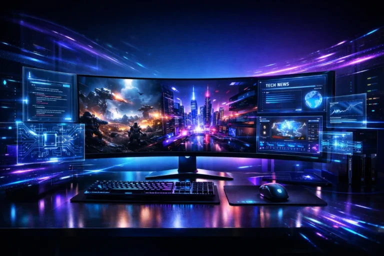 Futuristic gaming newsroom with neon-lit monitor, holographic tech interfaces and RGB workspace ambiance.