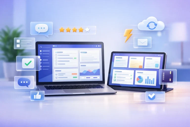 Modern digital workspace showing laptop and tablet with note-taking app UI, feature icons, and SaaS design elements.