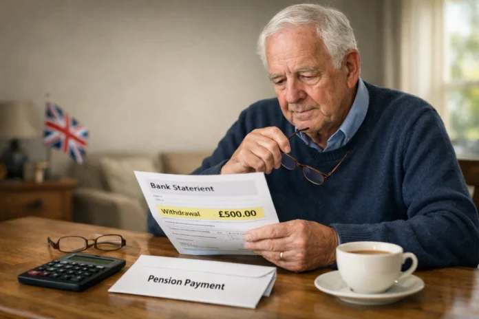 Elderly UK man reviewing bank statement showing £500 deduction at kitchen table.