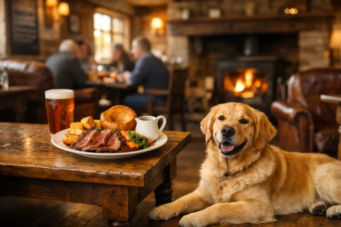 Golden retriever resting beside table with Sunday roast in cozy countryside pub interior.
