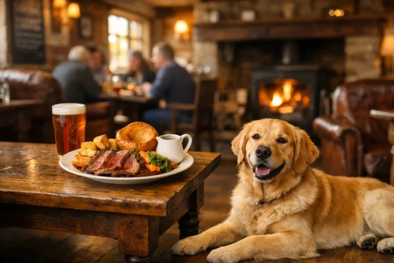 Golden retriever resting beside table with Sunday roast in cozy countryside pub interior.
