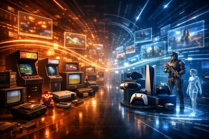 Digital archive showing the evolution of video games from retro arcade machines to modern VR worlds.