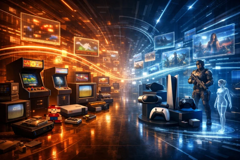 Digital archive showing the evolution of video games from retro arcade machines to modern VR worlds.