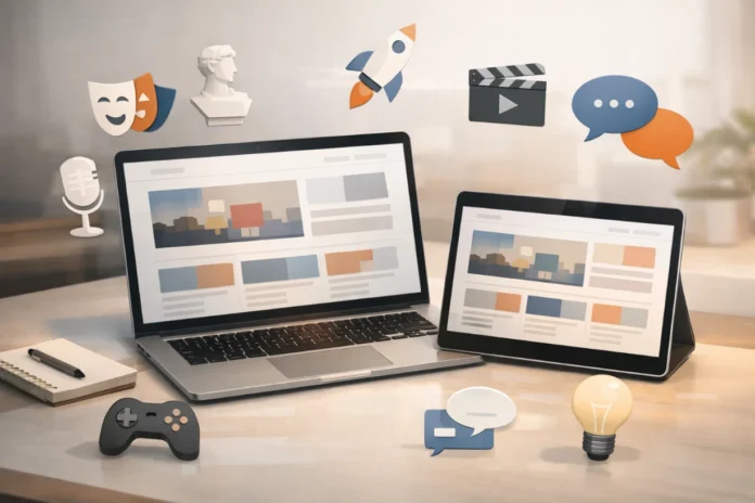 Theboringmagazine Com Site Review and Top Stories Modern digital workspace with laptop and tablet showing abstract magazine layouts and floating content icons.