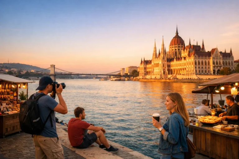 Golden sunset over Budapest Parliament and Chain Bridge with travelers by the Danube at dusk market stalls.