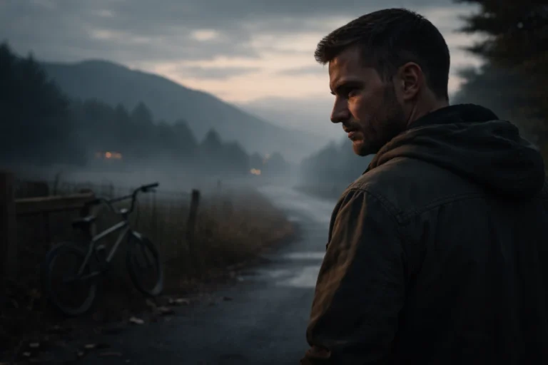 Lone man at dusk near bicycle and foggy road, standing in quiet reflection.
