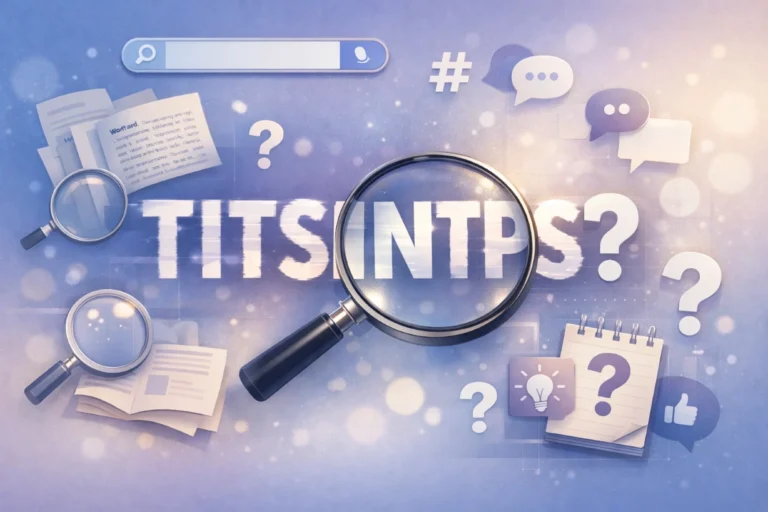 Magnifying glass highlighting the word TITSINTPS with question marks and digital icons background.