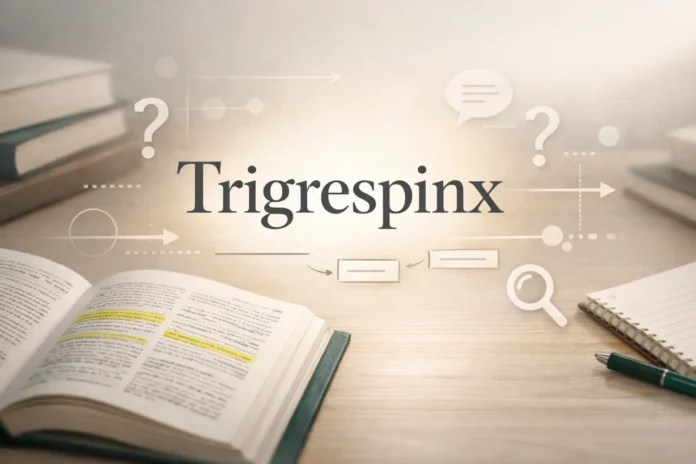 What Is Trigrespinx Meaning and Usage Guide Elegant desk scene with “Trigrespinx” highlighted, dictionary, and semantic annotations around it.