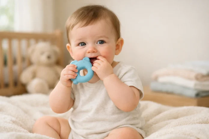 Baby chewing silicone teether on cream blanket in softly lit pastel nursery room.