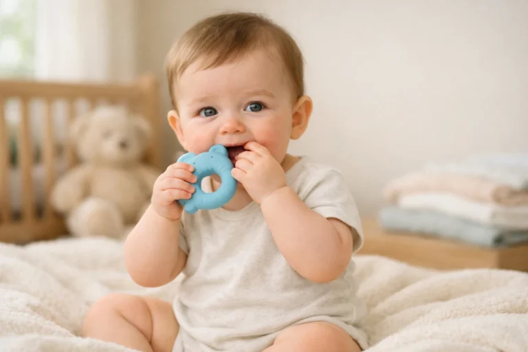 Baby chewing silicone teether on cream blanket in softly lit pastel nursery room.
