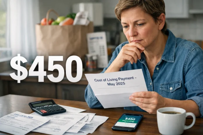 Will You Get The 450 Cost Of Living Payment May 2025 Person reviewing bills and $450 cost of living payment letter at kitchen table.