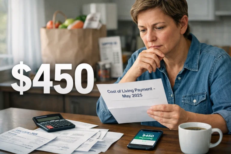 Person reviewing bills and $450 cost of living payment letter at kitchen table.