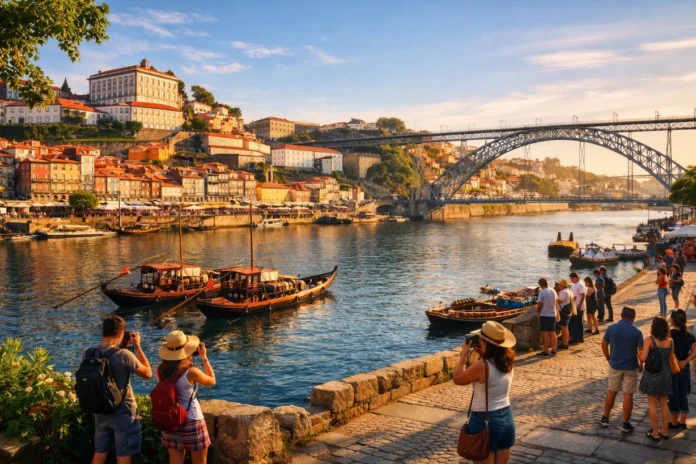 Tourists admire Porto’s colorful riverside, Rabelo boats on the Douro River, and Dom Luís I Bridge.