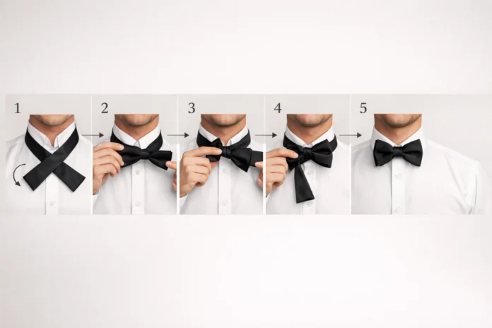 Step-by-step visual guide showing how to tie a black bow tie on a white dress shirt collar.