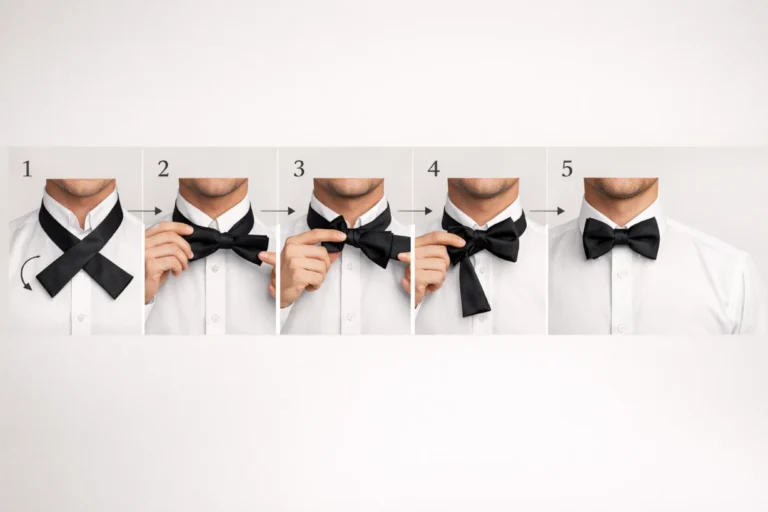 Step-by-step visual guide showing how to tie a black bow tie on a white dress shirt collar.