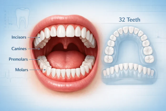 Human mouth anatomy illustration showing incisors, canines, premolars, molars, and full set of 32 teeth.