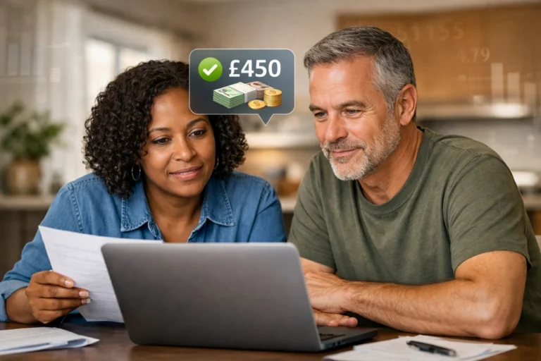 Middle-aged couple reviewing documents and digital device at home, checking cost of living payment.