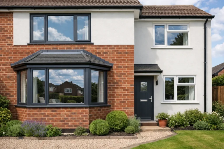 Modern UK home exterior with new bay and casement windows, clean glass, tidy garden, soft daylight.