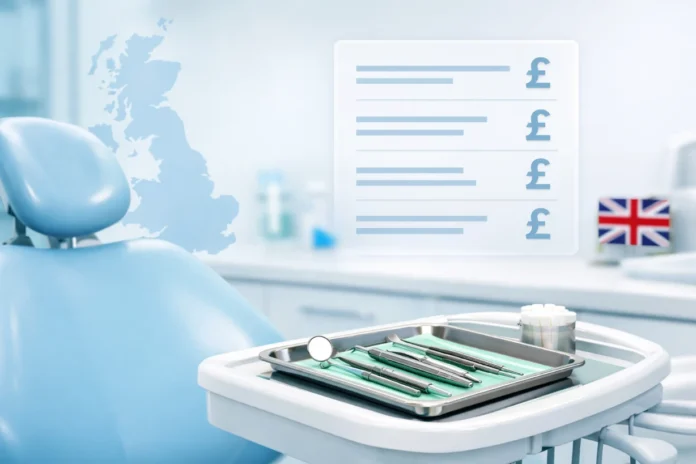 Average Private Dental Treatment Price List UK Dental clinic with a blue chair, tray of tools, UK map outline, pricing chart, and small Union Jack.