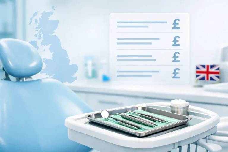 Dental clinic with a blue chair, tray of tools, UK map outline, pricing chart, and small Union Jack.