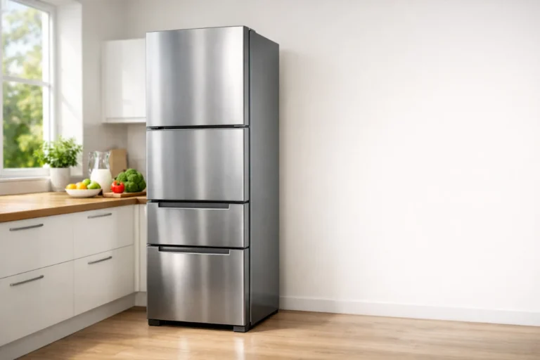 Modern stainless steel 50/50 fridge freezer in a bright kitchen with wood countertops and fresh groceries.