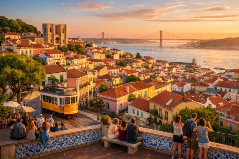 Golden sunset over Lisbon with Tram 28, colorful hillside houses, red roofs, and the Tagus River.